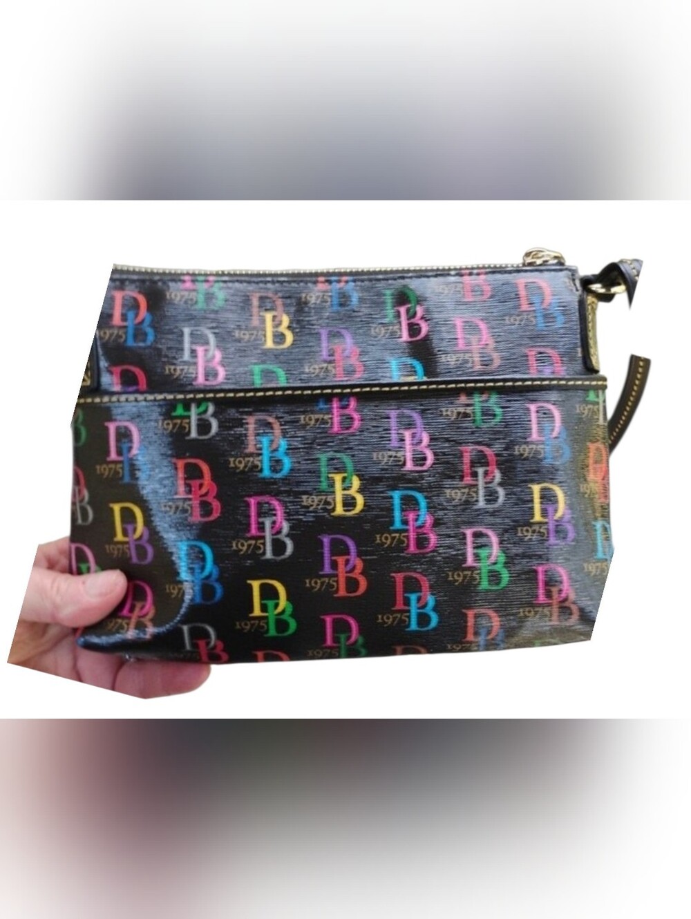 Dooney & Bourke NWOT Black With Multicolor DB Logo Print Crossbody No Callouts - Picture 5 of 8